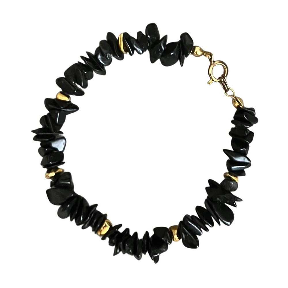 Obsidian Chip Black Gold Tone Bracelet 7” Boho Minimalist Artisan Earthy Natural